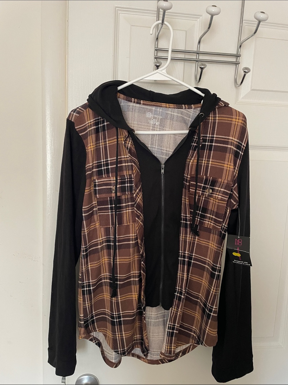 No Boundaries Brown Plaid & Black Hooded Utility Jacket
